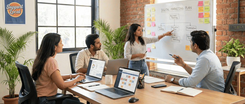 Small business team planning digital marketing campaign