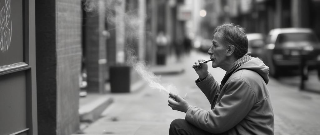 žmogus gatvėje smilkina smilkalus ir rūko
