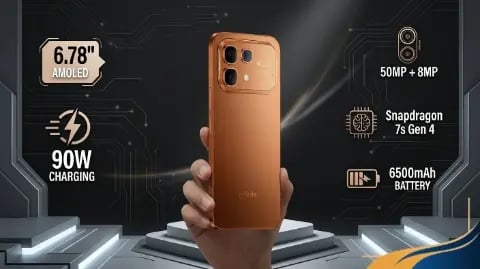 Infinix Note 60 Pro Copper Gold Back Design with Snapdragon 7s Gen 4 specs listed on Zukhraf Store.