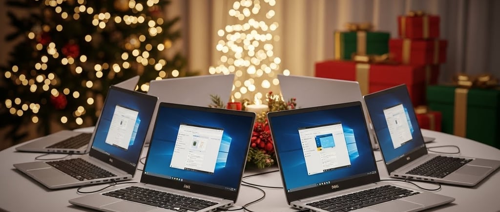 three laptops sitting on a table with christmas presents