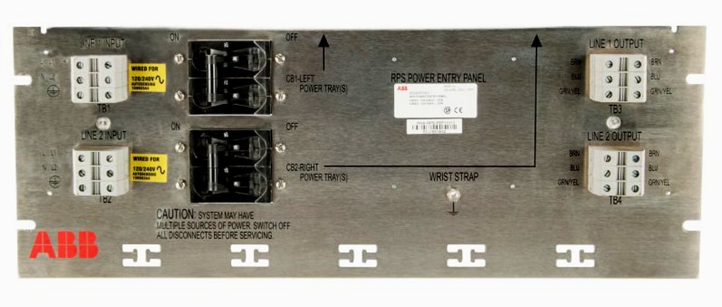 ABB RPS Power Entry Panel with dual line inputs, outputs, and circuit breakers for industrial power distribution.
