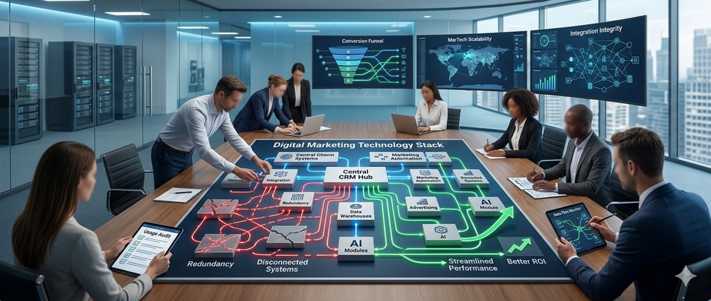 Business team analyzing a digital marketing technology stack diagram in a modern conference room.
