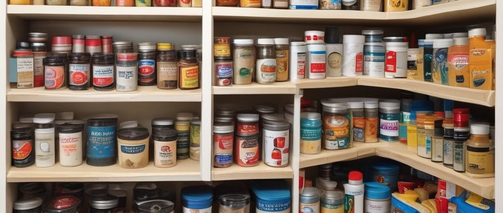 A neatly arranged kitchen pantry with labeled jars, baskets, and containers in soft neutral tones.
