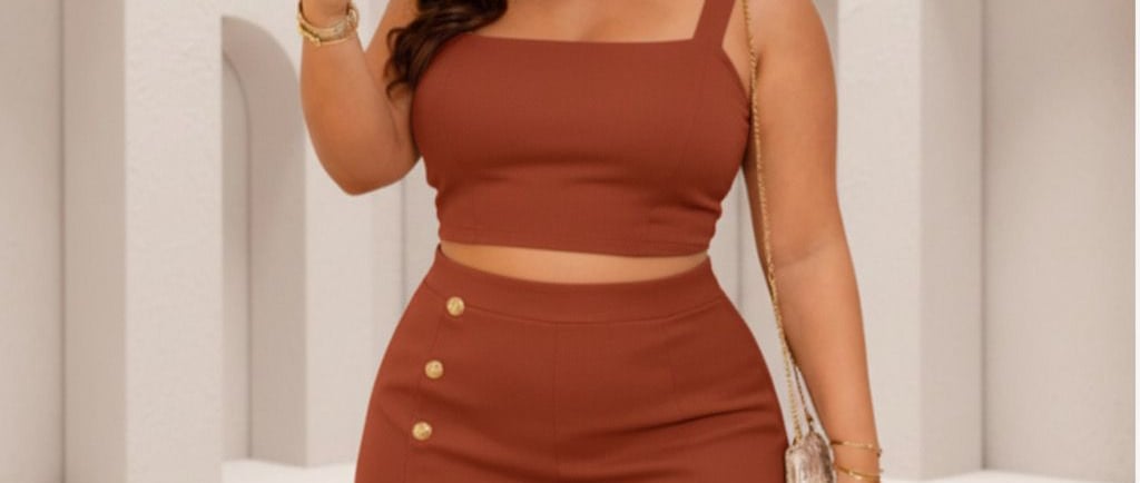 conjunto plus size marrom elegante com saia e cropped tendência barata 2026