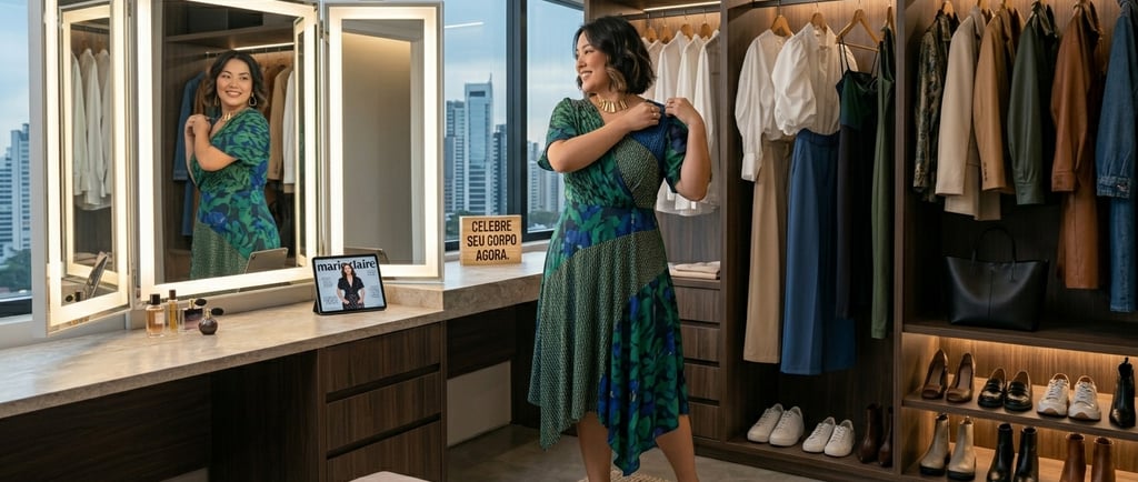 Ela mostra uma mulher plus size em um ambiente de camarim ou closet, experimentando roupas e olhando