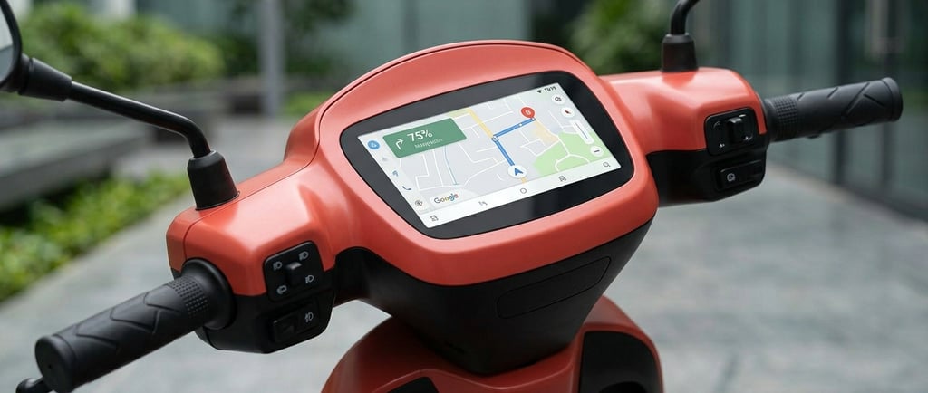 Close-up of Ola S1 Air smart touchscreen dashboard showing navigation and app control features.