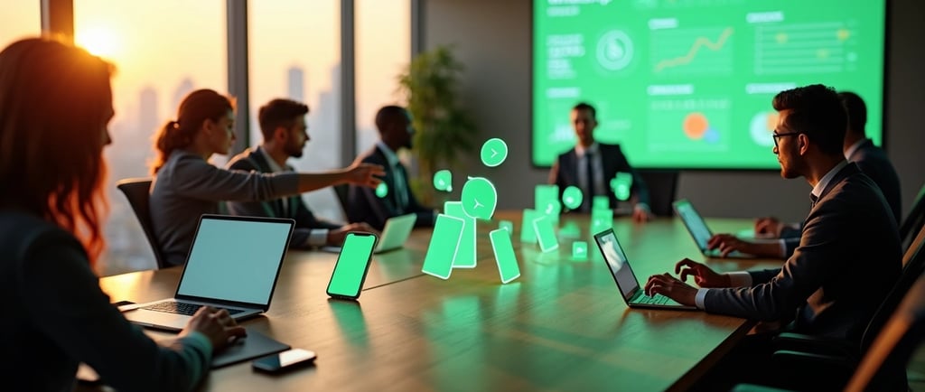 Equipe variada ao redor de mesa com ícones de WhatsApp e engajamento digital 