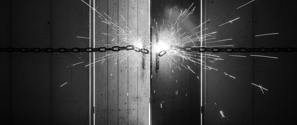A stark, high-contrast black-and-white image of a heavy door in a concrete room being forcefully loc