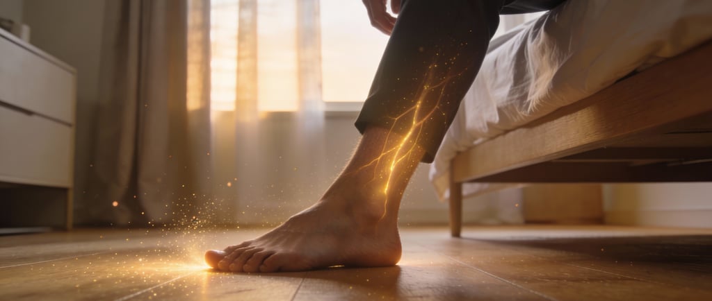 a person standing on a bed with a foot in the middle of the foot