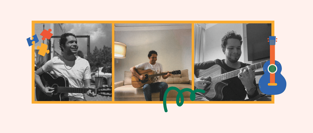 Lucas Sampaio, palestrante autista, músico e comunicador, tocando violão em três momentos distintos.