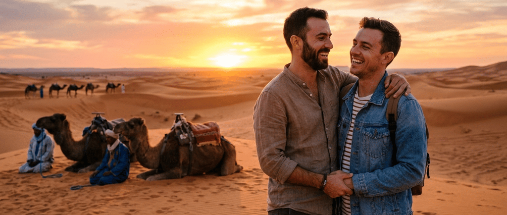 Casal LGBTQ+ brasileiro celebrando pôr do sol no deserto do Saara