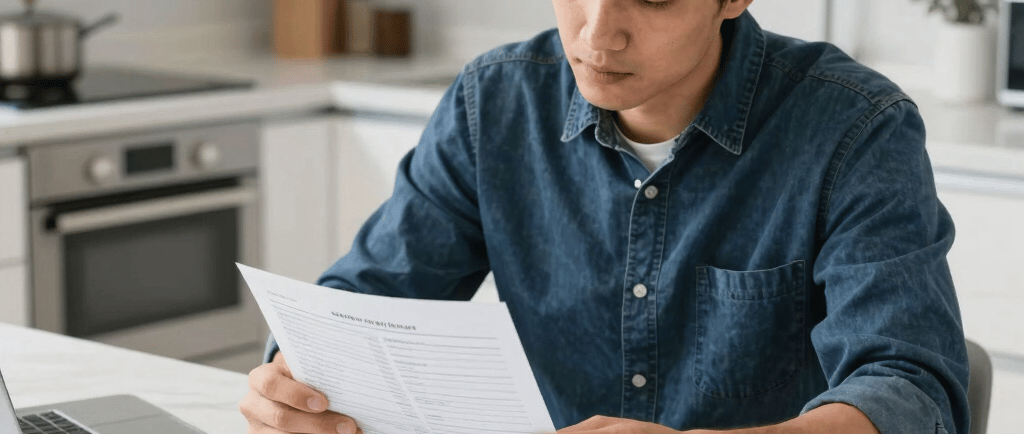 a homeowner comparing contractor estimates at a kitchen table with paperwork
