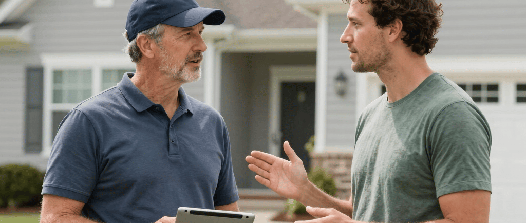 homeowner speaking with a reliable local contractor outside a suburban Southwest Washington home