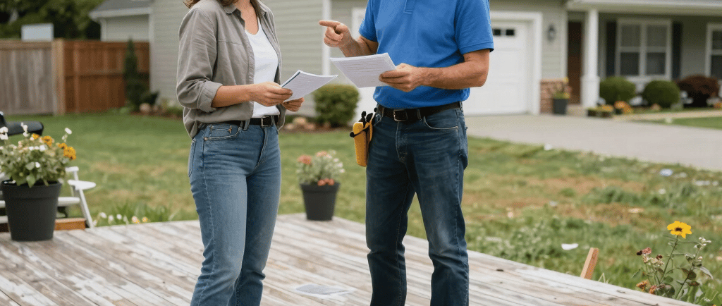 a homeowner and contractor reviewing a repair vs replacement issue at a suburban Southwest WA