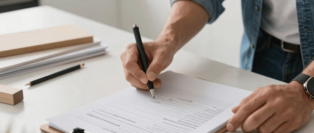 homeowner reviewing contractor paperwork or an estimate at a kitchen table