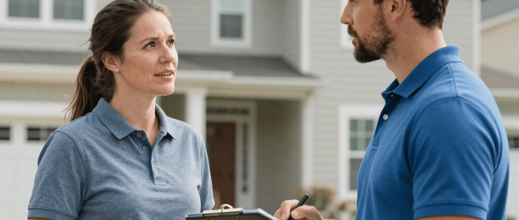 homeowner speaking with a contractor outside a suburban Southwest Washington home