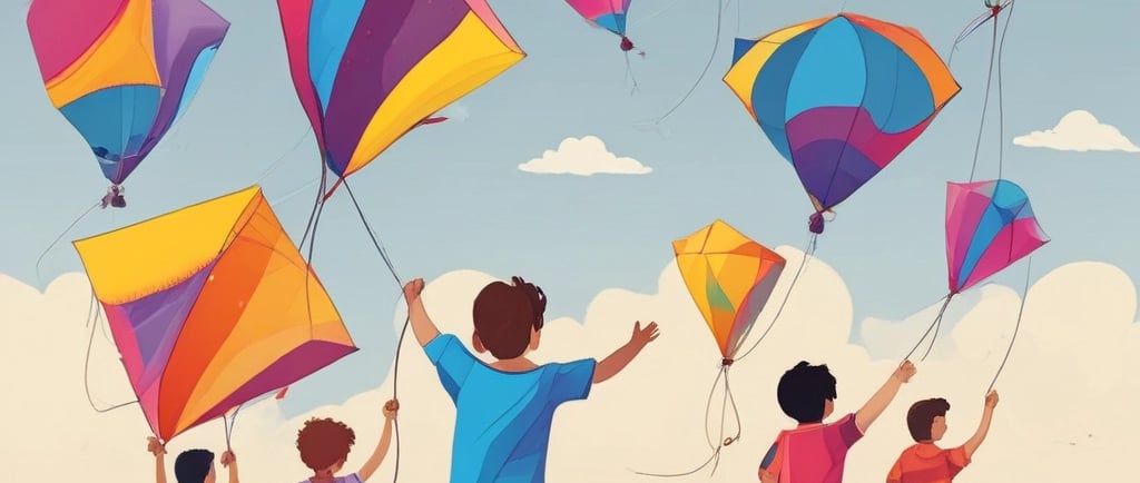 Colorful kite flying over serene apartment community during Sankranthi festival.