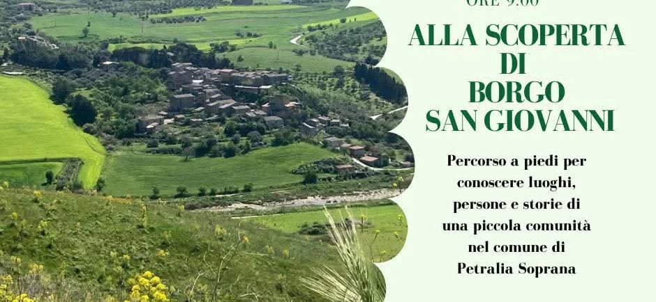 Event poster for a walking tour of Borgo San Giovanni in Petralia Soprana, Sicily, featuring a landscape view.