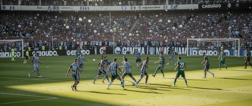 Partida de futebol do Brasileirão em estádio lotado com torcida ao fundo e jogadores em campo. Cobertura Futebol no Mundo.