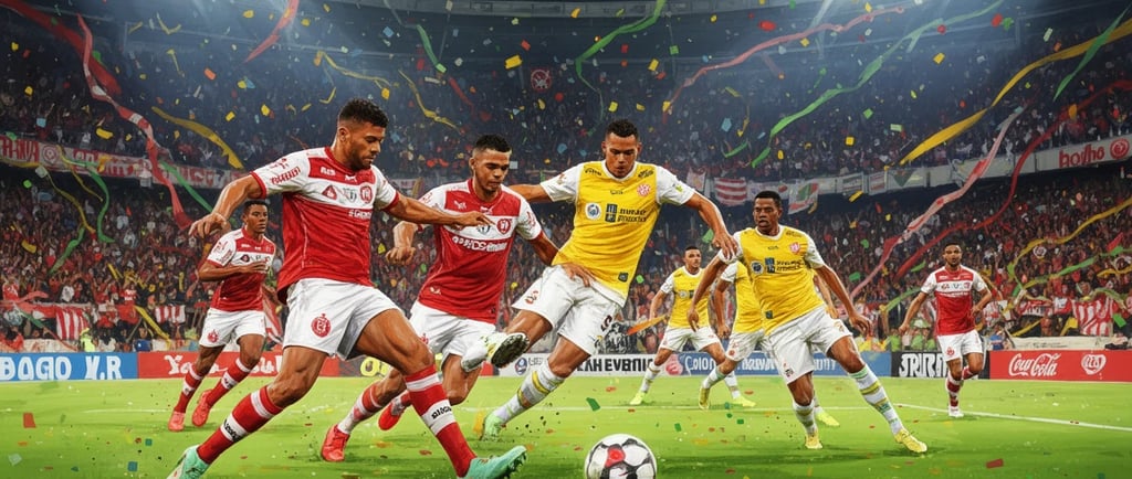 Partida de futebol do Brasileirão com jogadores em ação em estádio lotado. Cobertura Futebol no Mundo.