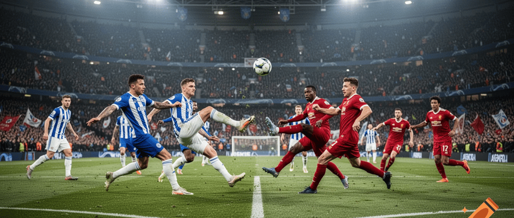 Partida de futebol com jogadores do Brasileirão em ação em estádio lotado à noite. Cobertura Futebol no Mundo.