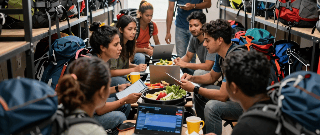 A cozy hostel common room with travelers sharing stories around a wooden table.