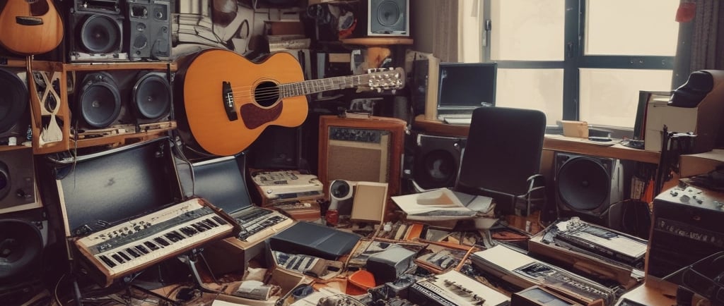 Close-up of a musician's hands adjusting a sleek audio mixer with colorful LED lights glowing softly in a dim studio.