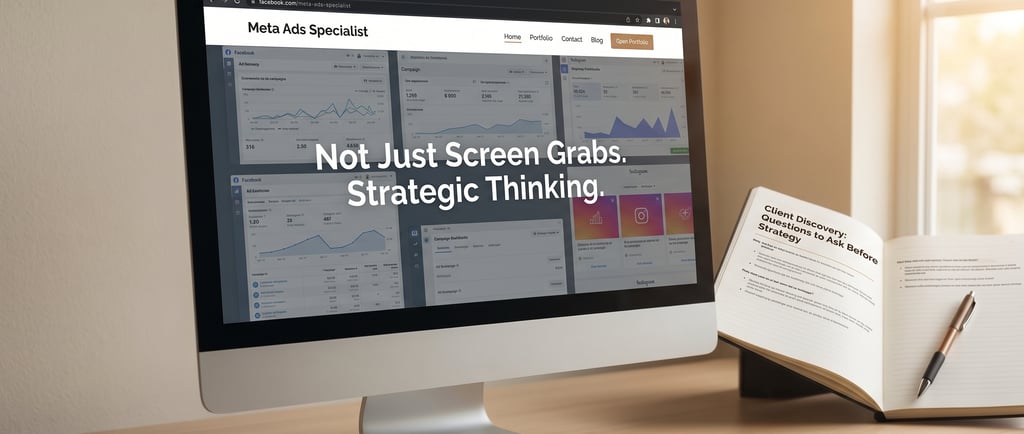 Monitor showing portfolio website next to open notebook for client discovery.