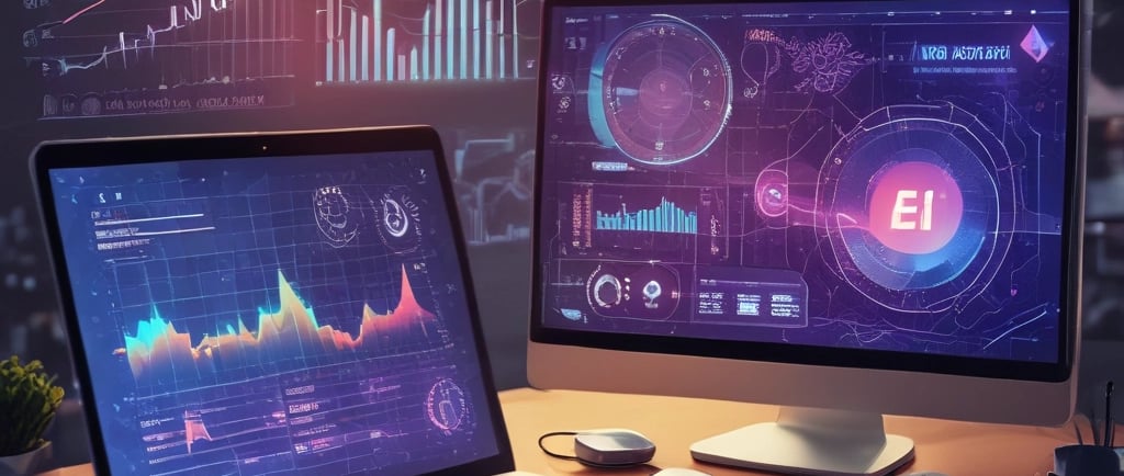 Professional AI accounting dashboard on a laptop with holographic financial charts and digital calcu