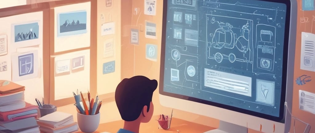 "Modern student studying with AI productivity apps on a laptop and tablet, showing glowing icons of 