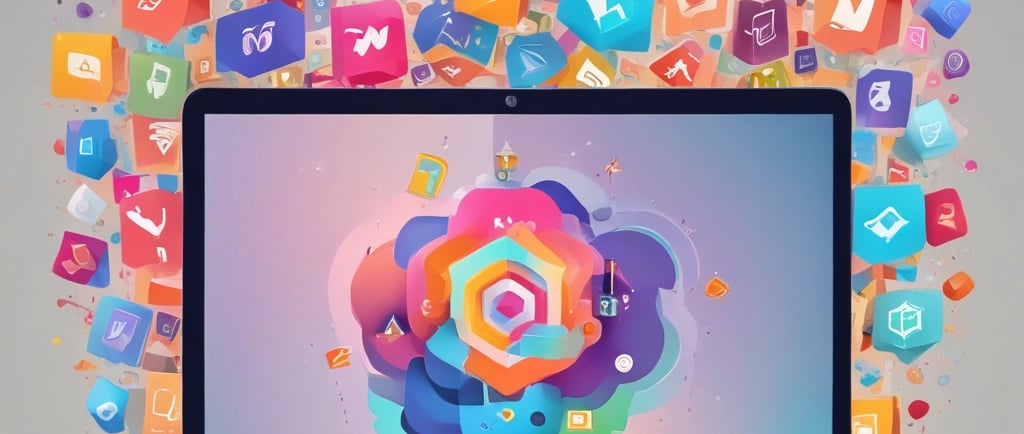 Creative no-code platform visualization showing drag-and-drop app building blocks around a laptop an