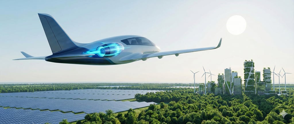 Futuristic electric passenger aircraft flying over a sustainable landscape with solar panels represe