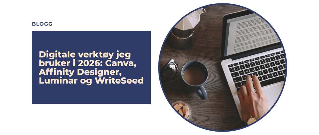Person typing on a laptop with coffee, featuring text about digital tools like Canva and Affinity Designer.