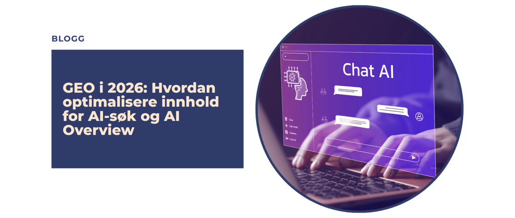 Blog post graphic about GEO in 2026 and AI Overview with hands typing on a laptop and chat interface.