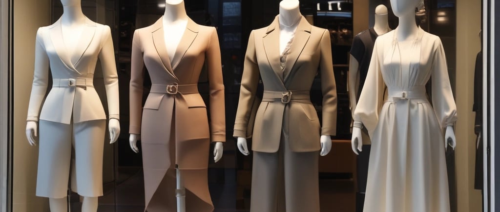 Vitrine de loja de roupas com manequins bem vestidos.