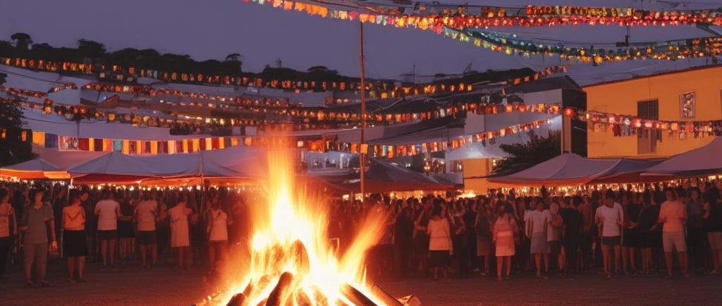 Fogueira de São João acesa durante o festival de junho