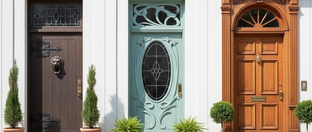 Three different antique doors set against a white building.