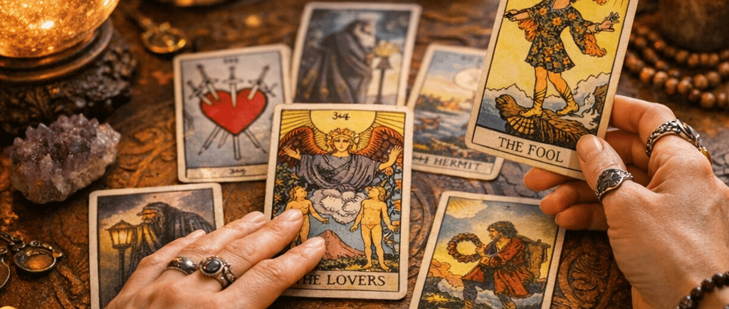 tarot reading with tarot cards spread on table during a tarot card reading