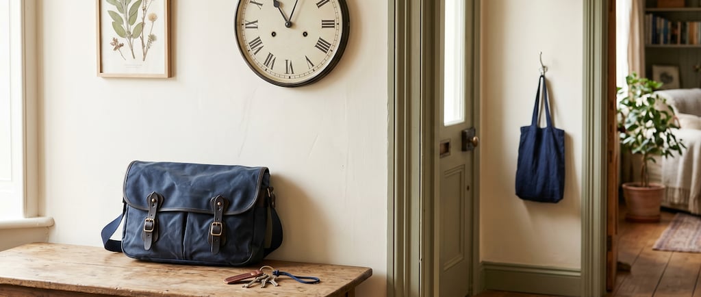 Analog clock, keys, and bag by the door representing time blindness and ADHD routines for women