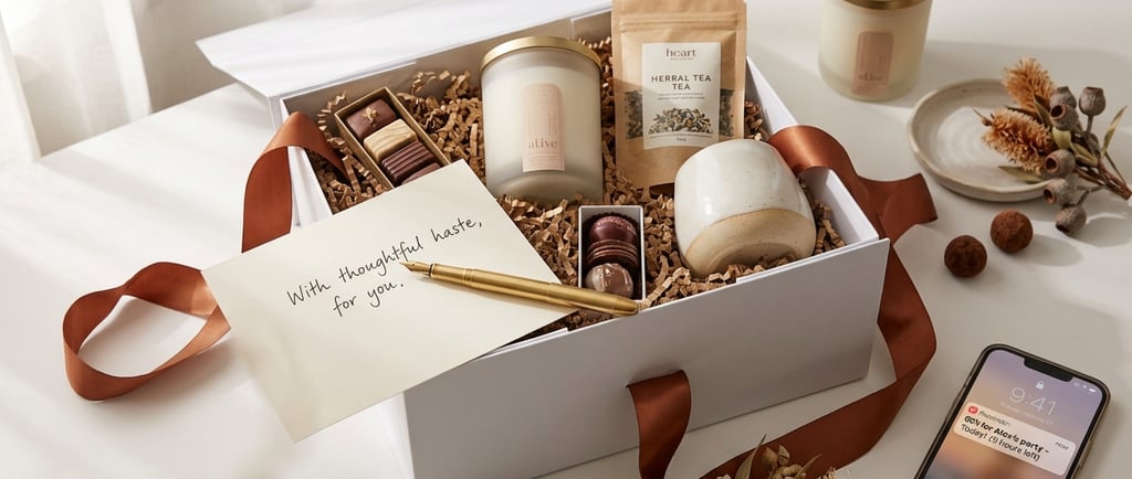 Luxury self-care gift box with a scented candle, herbal tea, chocolates, and a personalized note.