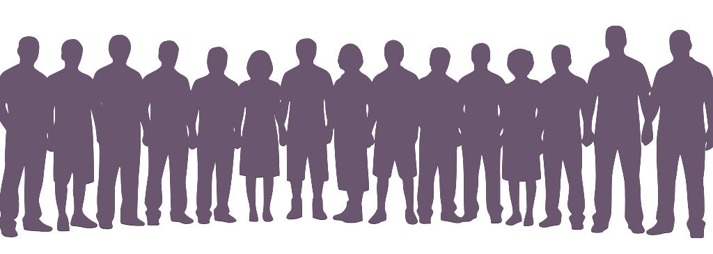 A group of silhouetted standing people in dusky purple