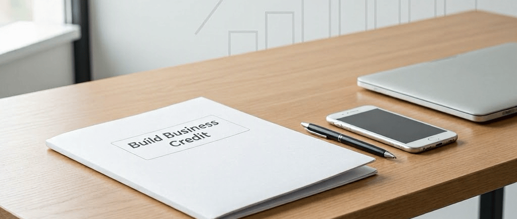 A white folder labeled Build Business Credit on a wooden desk with a smartphone, laptop, and pen.