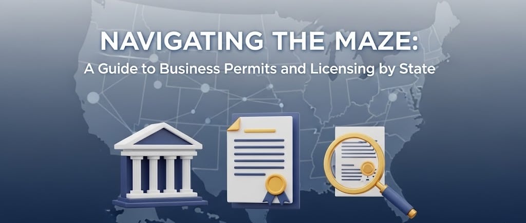 USA map with a classical government building and a legal document, symbolizing the maze of business 