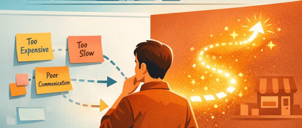 A business professional thoughtfully analyzing a whiteboard with sticky notes labeled 'Too Expensive