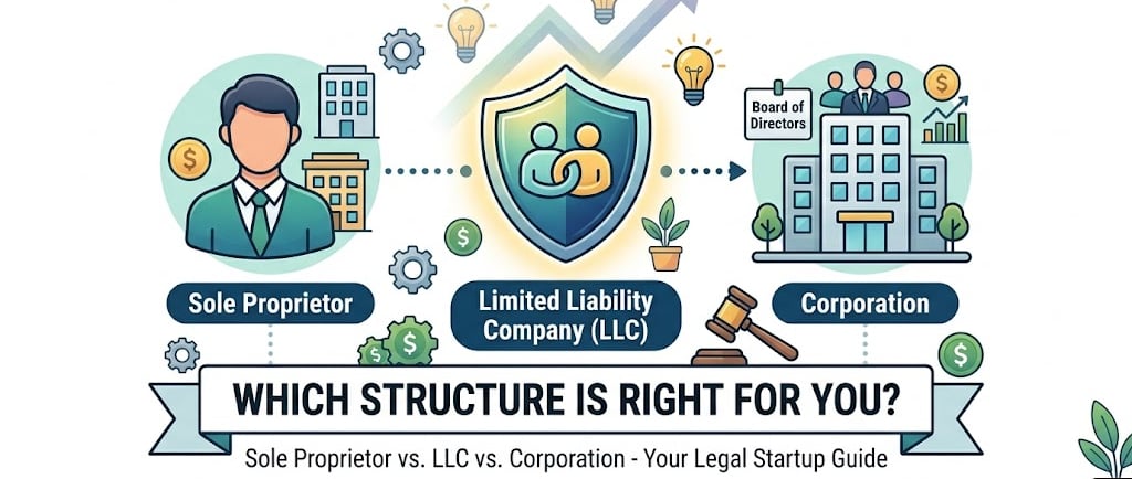 Infographic comparing sole proprietor vs LLC vs corporation business structures for legal startup planning.