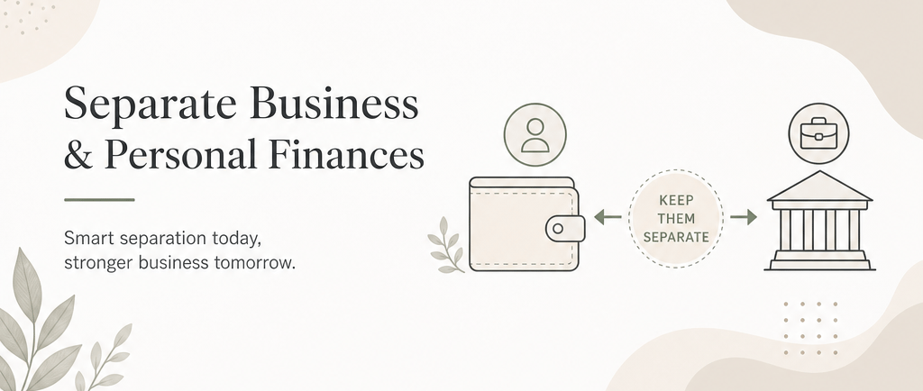 Graphic illustrating how to separate business and personal finances with icons of a wallet and a bank.