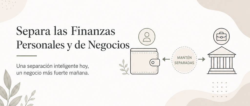 Infographic showing how to separate personal and business finances with a wallet and bank icon.