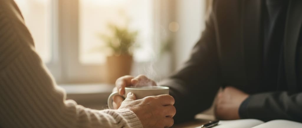 Pessoa idosa ao telefone em conversa de escuta ativa profissional, representando apoio domiciliário 
