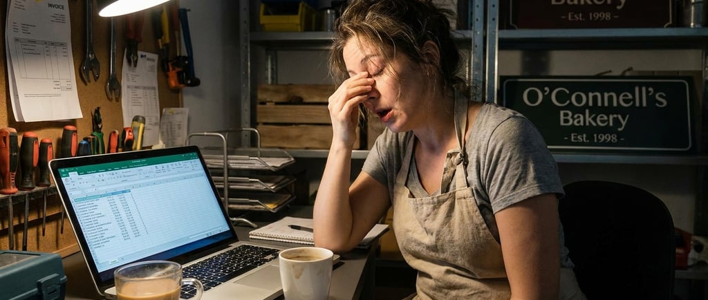 Frustrated Clinton MO small business owner trying to build a DIY website on a laptop late at night