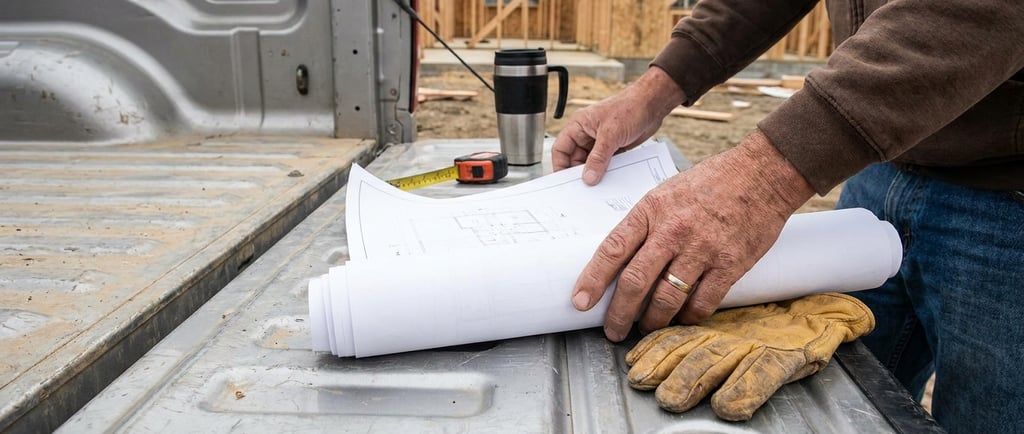 Clinton MO contractor reviewing construction blueprints on a pickup truck tailgate